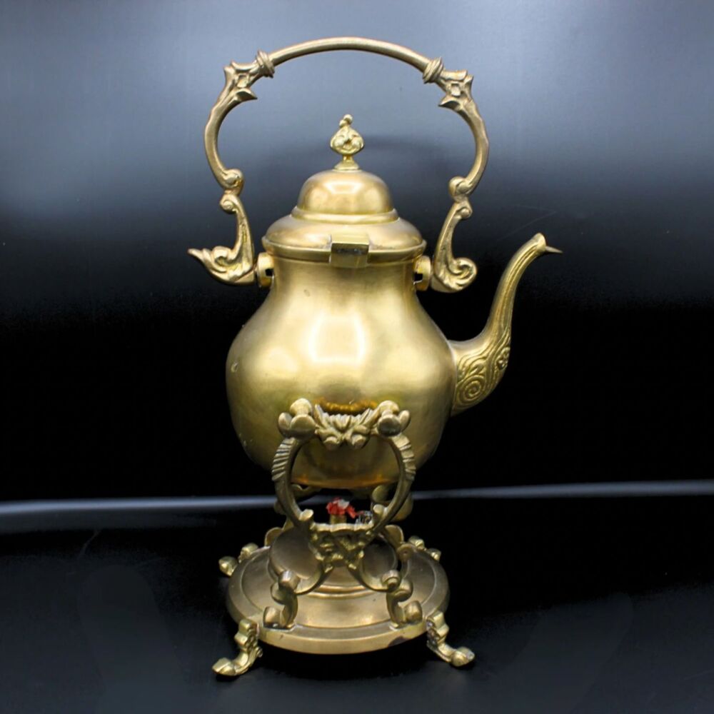 Antique Brass Tilting Teapot on Stand with Burner Ornate Victorian Style